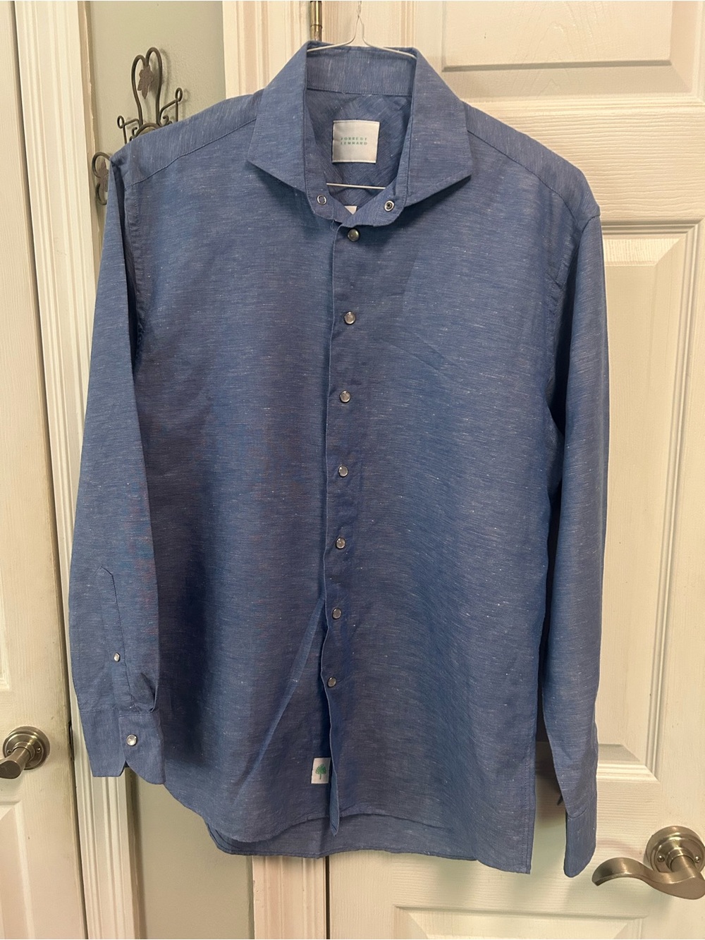 Forrest Lennard Mens Blue Linen Cotton Blend Chambray Button-Up Shirt Pearl Snap